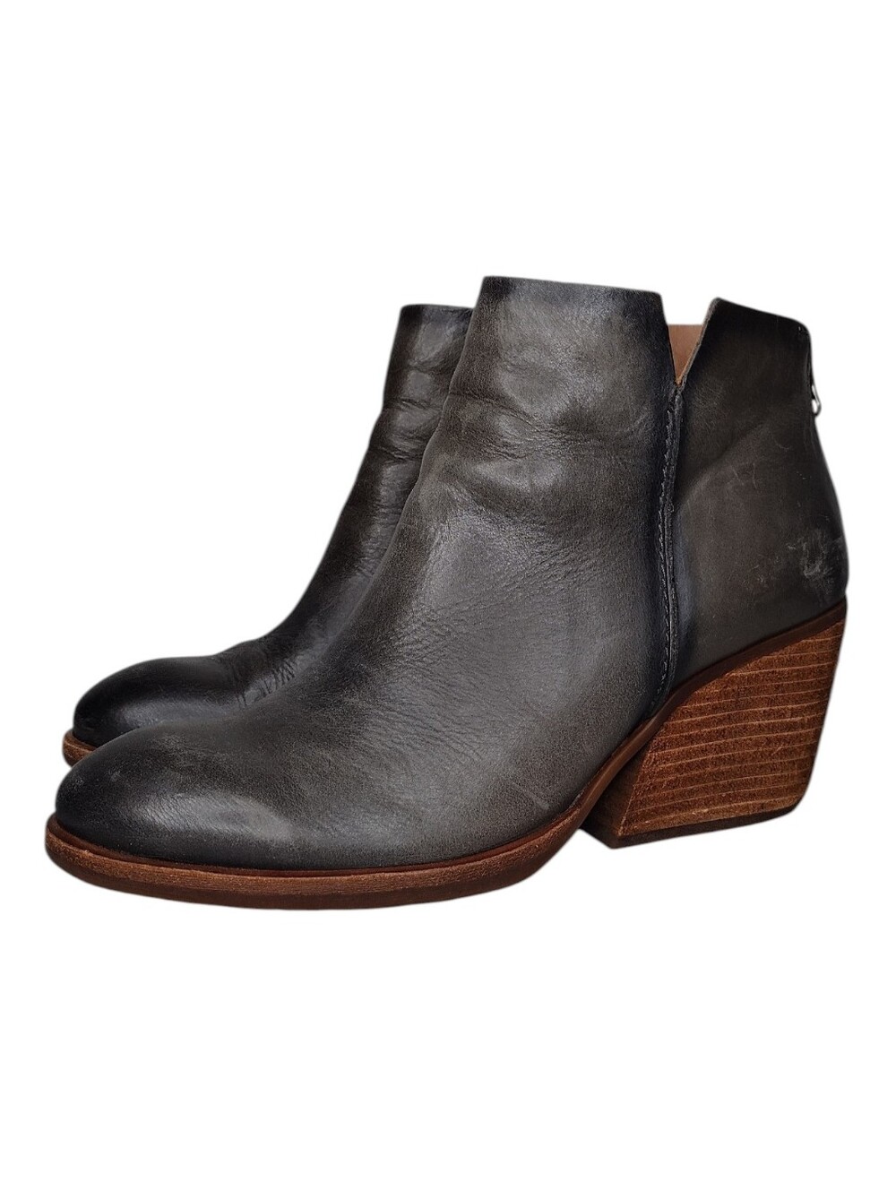 Kork-Ease Chandra Gray Leather Stacked Heel Ankle Booties Sz 7.5M